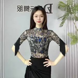 Women Leopard Print Latin Dance Top Sheer Mesh Fringe Sleeve High Neck Cha Cha Practice Blouse Performance Dancewear