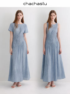 CHACHASTU | Đầm Dài Form A Tay Ngắn Thiết Kế Phồng Chất Cotton 100% Màu Xanh洱海 Cảm Giác Nhăn Dye Mực Nguyên Chất
