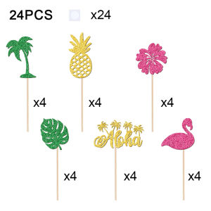YOMDID 24Pcs Summer Beach Cake Toppers Hawaiian Party Cupcake Toppers Glitter Tree Leaves Flower Bird Pattern Cake Decorations