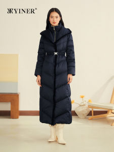 YINER | Winter Long Style Silk Sable Trimmed Stand Collar Belte Duck Down Coat