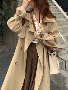 Elegant Loose Womens Windbreaker Double-Row Button Versatile Outerwear Korean Style Polyester Fiber High Waist Design