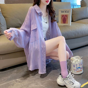 Purple Striped Womens Sun Protection Shirt Long Sleeve Midi Coat Loose Lazy Style Summer Design Thin Outerwear