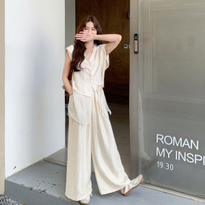 YINLUOYA | Elegant Lady Style Two-Piece Set High Waist Wide Leg Pants V-Neck Top Button Closure Casual Yet Sophisticated Womens Outfit