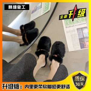 Rabbit Fur Slippers Womens Outdoor Wear Autumn Winter New Style Half Slippers Mules Cotton Slippers Home Use Slip-On Shoes