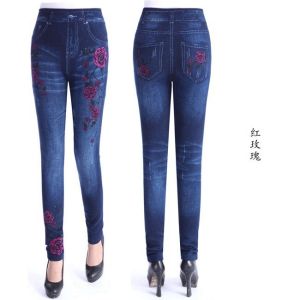 กางเกงยีนส์พิมพ์ลายแฟชั่นฤดูใบไม้ร่วง/ฤดูหนาวสำหรับผู้หญิง ทรงสลิมฟิต ทรงเอวสูง ความยาวปกติ ผ้า PU กางเกงยีนส์ทรงสลิมฟิต