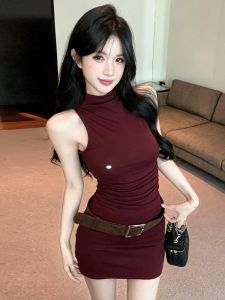 GUZILIAN | Đầm Bodycon Ngắn American Style Gập Li eo Cinched