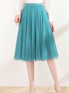 High Waist A-Line Mini Skirt Dance Net Half-length Womens Square Dance Skirt Gathered Splice Ballet Mesh Mid-Length Skirt