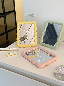 Cermin Standing Bentuk Gelombang Rias Wajah Aesthetic Korea Kaca Warna Pastel Make Up Beauty Premium Wanita Hiasan Meja Mirror Wave Vintage Color Anti Pecah