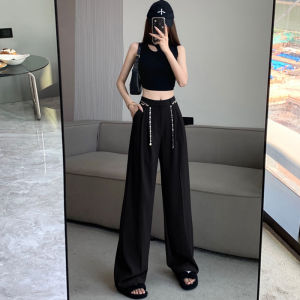 กางเกงขายาวทรงหลวมเอวสูงสีน้ำตาลกาแฟสำหรับผู้หญิง กางเกงขายาวทรงตรงยาวถึงพื้น ทรงหลวม สไตล์เกาหลี ฤดูใบไม้ผลิและฤดูใบไม้ร่วง