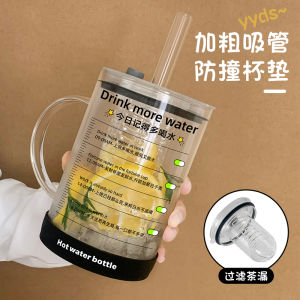 Large Capacity Glass Cup with Lid for Office Women High Aesthetic Value Straw Cup Tea Cup Creative Text Elements Universal Use