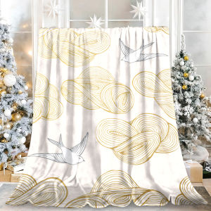 Beast Kingdom | Blush Gold Cloud White Swallow Line Art Flannel Blanket Soft Fuzzy Plush Cozy Lightweight Throw for Sofa Bed Couch