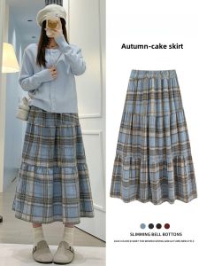 Blue Woolen Plaid High Waist Slim A-Line Midi Skirt Womens Autumn Winter New Style Fullness Cake Skirt Korean Style Commute
