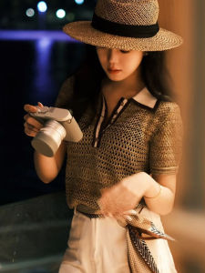 BINKAFENNY | Beach Vacation Style Hollow Out Shoulder Flip Collar Short Sleeve Knitted Top Women Summer Fashion Elegant Beautiful Shirt