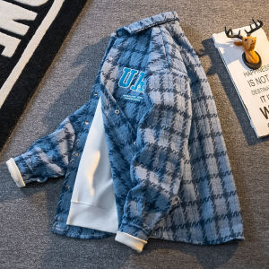 แจ็คเก็ตขนสัตว์สไตล์อเมริกันย้อนยุคสำหรับผู้ชาย ทรงหลวม ลายสก็อต แจ็คเก็ตทำงาน แจ็คเก็ตผู้ชายฤดูใบไม้ผลิและฤดูใบไม้ร่วง