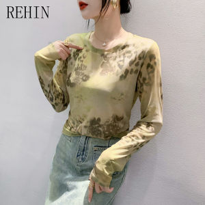 REHIN New slim and fashionable ombre mesh floral printed round neck long sleeve T-shirt sun protection elegant blouse for women