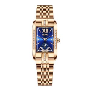 SKMEI 【Free Gift Love Necklace】Watch for Women Elegant Temperament Steel Strip Luxury Waterproof Square Quartz Watch Butterfly Buckle Ladies Quartz Wristwatch