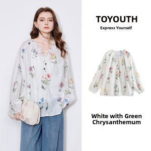Toyouth | Refreshing Linen Green Cottonweed Print Casual Thin Fit Women Shirt