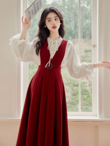 ชุดเดรสยาวสีแดงสไตล์ฝรั่งเศสย้อนยุค ชุดสองชิ้น ชุดเดรสสายเดี่ยว ฤดูใบไม้ร่วง/ฤดูหนาว ชุดนักศึกษา ชุดเดรสผู้หญิง
