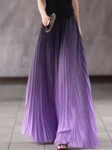 Elegant Purple Gradient Folded Half Skirt Womens Loose Drapey Summer New Style High Waist Korean Version Casual Long Skirt
