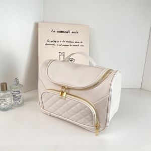 กระเป๋าเครื่องสำอางขนาดใหญ่สำหรับผู้หญิง กระเป๋าใส่ของสำหรับเดินทาง กระเป๋าใส่ของใช้ในชีวิตประจำวัน สไตล์เกาหลี กระเป๋าถือ PU กระเป๋าทรงสี่เหลี่ยมแบน