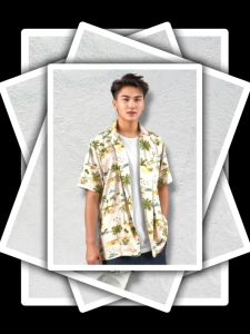 Kemeja Pantai Rayon Motif Hawaii - Baju Santai Premium Cream Sunset