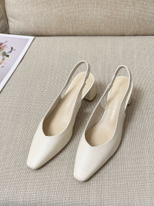 รองเท้าแตะส้นสูงสำหรับผู้หญิง ทรงหัวเหลี่ยม สีขาว ทรงหัวเหลี่ยมเล็ก ทรงหัวเหลี่ยมแบบเปิดด้านหลัง รองเท้าแตะส้นสูงแบบสวมสบาย