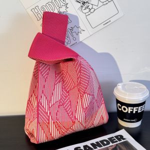 New Versatile Knitted Stripe Forest Large Capacity Womens Vest Bag Handbag British Style Bucket Shape Canvas Material Handheld