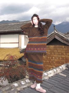 Spring Ready Ethnic Style Womens Knitted Sweater And Mini Skirt Set Long Sleeve round Neck Two-Piece Fashion Ensemble