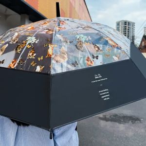 Retro Oil Painting Cat Transparent Umbrella Thickened Long Handle Bendable Handle Sunny And Rainy Dual Purpose Windproof High Aesthetic Value