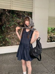 NIHAOKANONG | Đầm Mini Phong Cách Vintage Màu Xanh Hải Quân Form Rộng