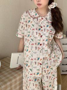 Womens Pajamas Summer Set Cotton Summer Short Sleeve Trousers Girl Cartoon Cute Outwear Summer Home Wear