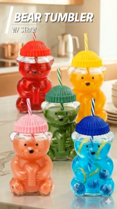 LOCAUPIN 560ML Borosilicate Glass Cute Bear Tumbler with Straw & Silicone Lid Water Bottle Portable Drink Cup for Juice