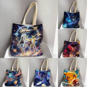 Bandai | Pokemon Ash Ketchum Storage Bags Tote Bag Travel Summer Beach Shoulder Bag Reusable Grocery Shopping Bag Anime Artwork