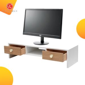 Meja Kecil Aesthetic Stand Monitor Tempat PC Dudukan Komputer 2 Laci Modern Minimalis Bahan Kayu