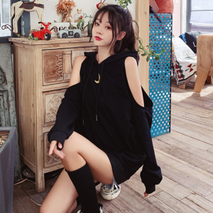 Shoulder Bared Sweatshirt Womens Loose Fit Trendy Thin Spring Autumn Korean Style Casual Comfortable Hooded Long Sleeve Top