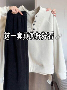 หนาขึ้น เสื้อฮู้ด ผู้หญิง ลำลอง เสื้อสวม เสื้อสเว็ตเชิ้ต กระดุม ดีไซน์ Oalirong Half High ปกเสื้อ หลวม ปลอกไหล่อุ่นพอดี