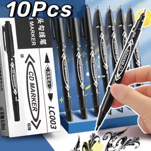 10pcs Permanent Marker Pen Double-head Oily Marker Water proof Hook Line Black Marker Pen 0.5mm-1.0mm