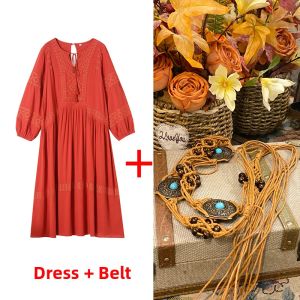 Bohemian Style Long Dress Embroidered Vintage Heavy Work Skirt Large Swing Red Dress Long Sleeve Loose Waist Spring Summer Autumn