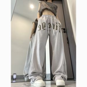 IELGY กางเกงวอร์มสีเทาสำหรับผู้หญิงกางเกงกีฬาสีเทาลำลองฮิปฮอปขากว้างกางเกงผู้ชายขาสามส่วนบางทรงหลวม