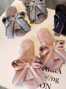 Fall and Winter Indoor Stuffed Heattech Bows Flip Flops Ladies Home Non-Slip Flats Outwear Fashion Cotton Slippers
