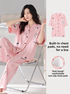 Miiow | Pink Pure Cotton Short Sleeve Sleepwear Womens Summer Outfit Home Clothes V-neck Cartoon Print Youth Size Comfortable Nightgown