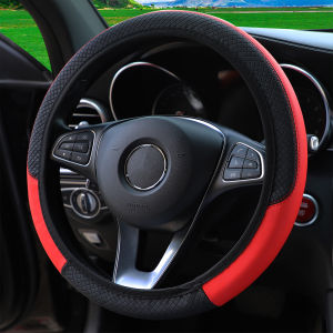 A PU leather plaid emboweled ultra-thin stretch car steering wheel cover without inner rim fits 14.5- to 15-inch car interiors