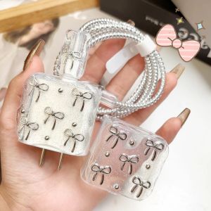 18/20W Phone Charger Protective Case For Apple Phone Transparent Bowknot Data Cable Winder Cable Protectors for IPhone 14 13
