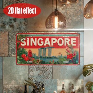 2D Flat 1pc Vintage Metal License Plate only for decoration Car License Plate Cover Singapore Skyline and Floral Sign