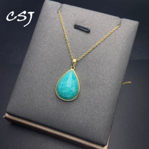 Elegant Natural Amazonite Pendant Pear Gemstone 13*18mm Labradorite 18K Yellow Gold Necklace for Women Party Birthday Gift