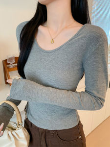 Gray V-Neck Long Sleeve Base Shirt Womens Spring Autumn New Pure Desire Slimming Hot Girl Inner Wear T-Shirt Korean Style