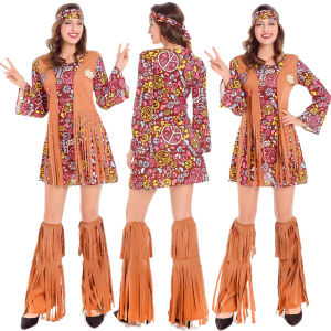 Women Hippie Dress 60s 70s Peace Love Costume Vintage Disco Hippie Dress Halloween Boho Costumes Native American Bohemian Dress Vest Outfit
