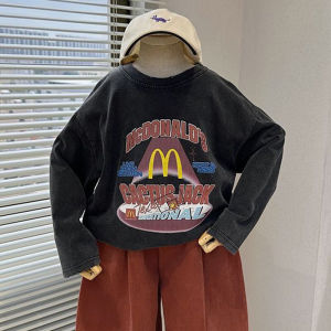 เสื้อยืดผ้าฝ้ายล้างทําความสะอาดได้ย้อนยุคสําหรับเด็กชายและเด็กหญิงแขนยาวพร้อมการออกแบบพิมพ์ตัวอักษรดูดซับเหงื่อหลวมพอดีมีสไตล์