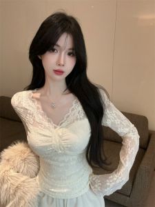 GUZILIAN | เสื้อชั้นในลูกไม้คอวีแขนยาวผู้หญิงฤดูใบไม้ร่วง/ฤดูหนาว เสื้อชั้นในเซ็กซี่หรูหรา ทรงเข้ารูป สไตล์เกาหลี เสื้อชั้นในลายดอกไม้