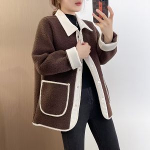 Fashionable Color-Block Sheepskin Jacket with Lapel for Women Loose Spring Autumn Winter Warm Polyester Fiber Outerwear